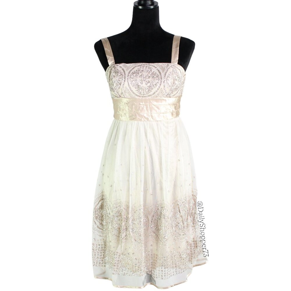 R&M Richards Women's Petite Gold Glitter Tulle Satin Tie Waist Empire Midi Dress - Picture 1 of 5